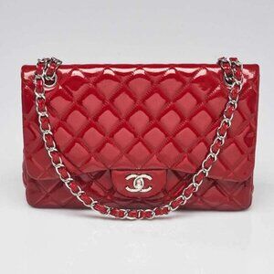 Chanel Red Quilted Patent Leather Classic Jumbo Double Flap Bag